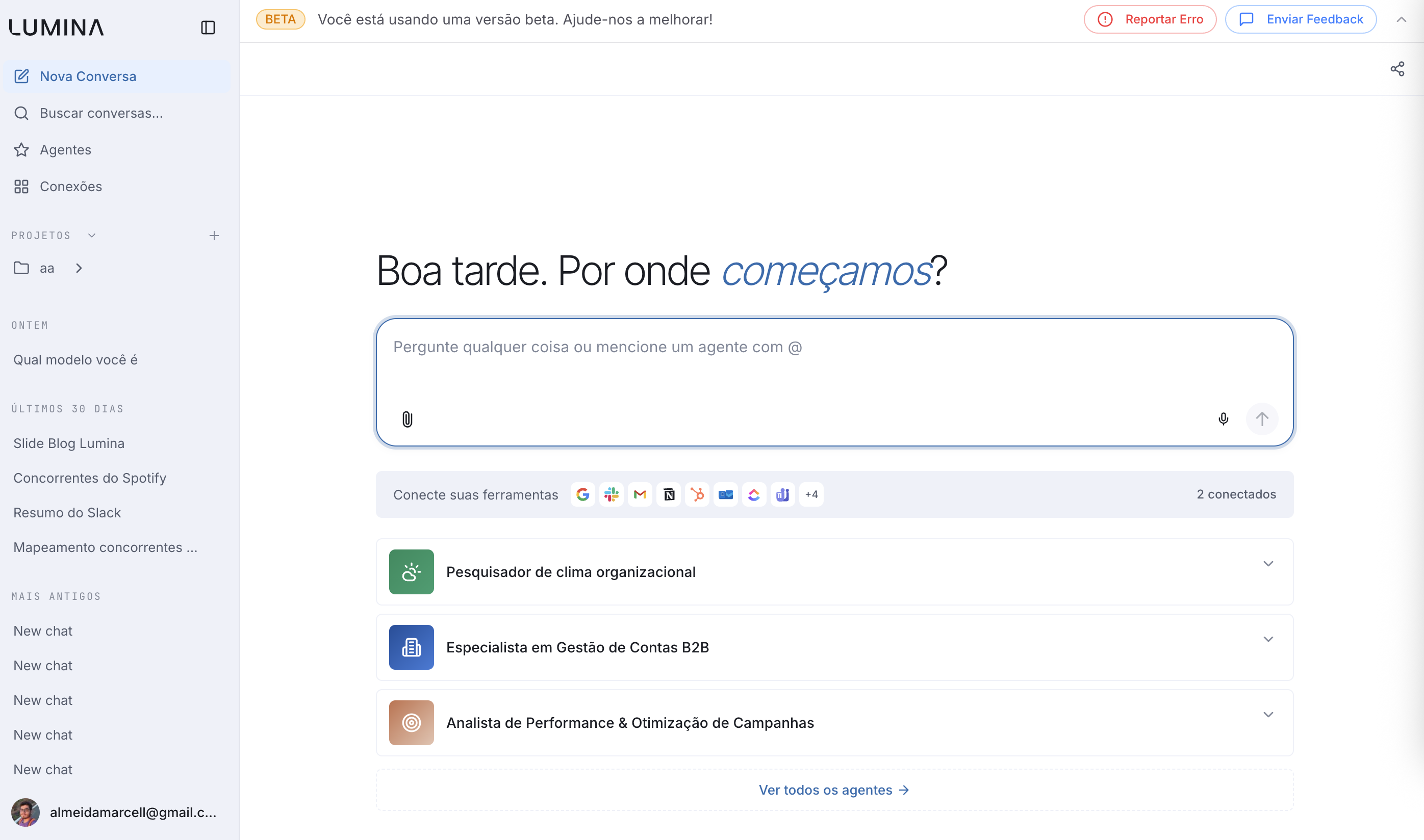 Aplicação da Lumina — tela inicial do chat