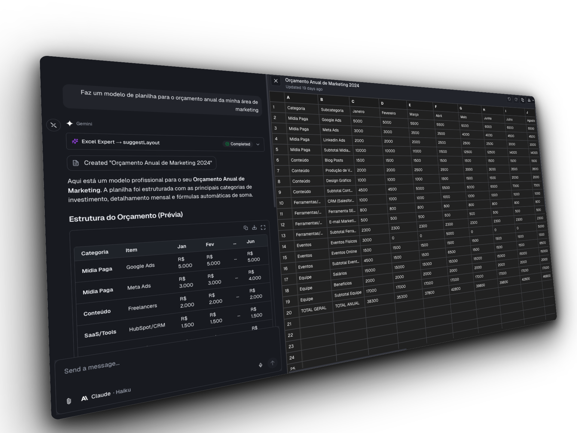 Criação de documentos em split-screen — chat com IA à esquerda e planilha gerada à direita